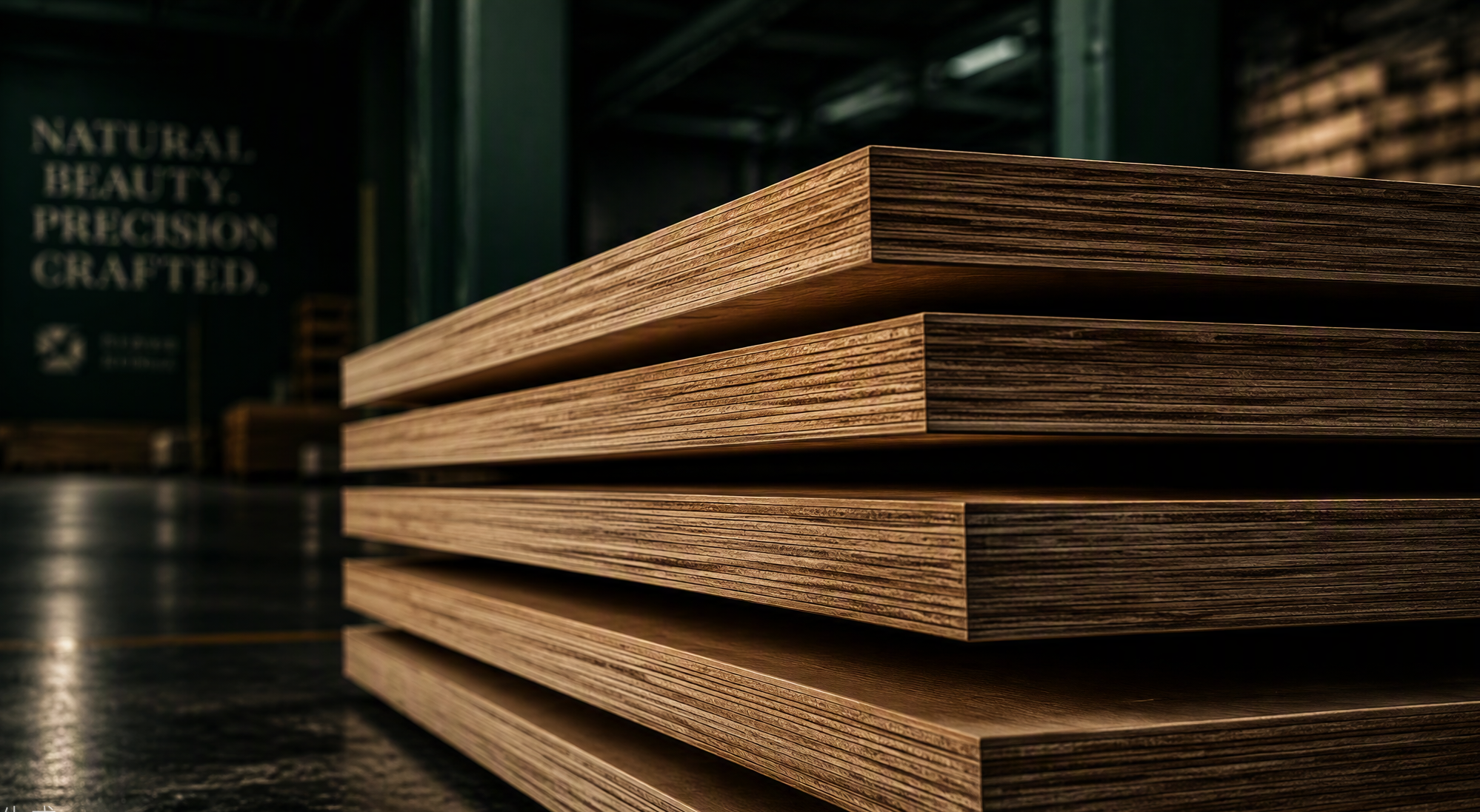 Dark warehouse stacked plywood panels — plywood supplier and exporter in China